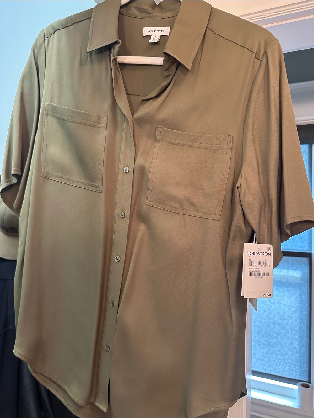 Nordstrom Olive Burnt Dress Top Button Down Short Sleeve